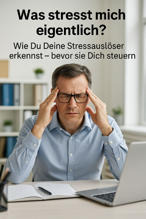 KI-generiertes Porträt eines Mannes, der an seinem Laptop arbeitet und sich gestresst die Schläfen massiert.