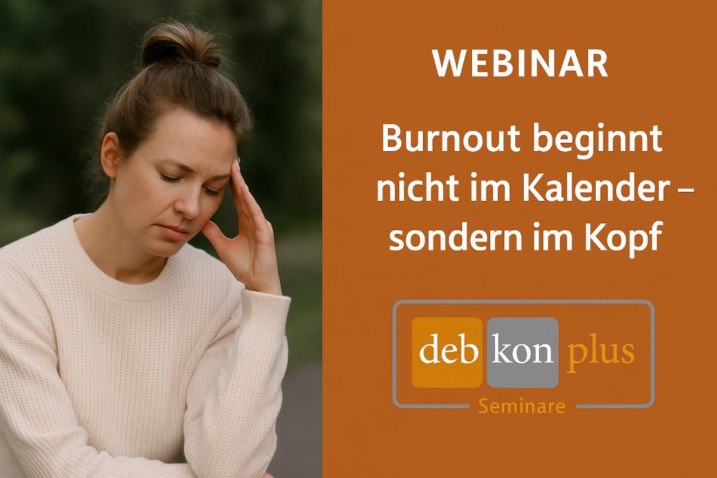Burnout beginnt nicht im Kopf, sondern im Kalender - eine erschöpfte Frau hält ihren Kopf.