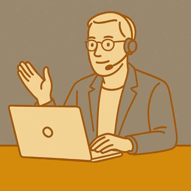 Grafik: Person im Gespräch, mit Headset am Laptop.